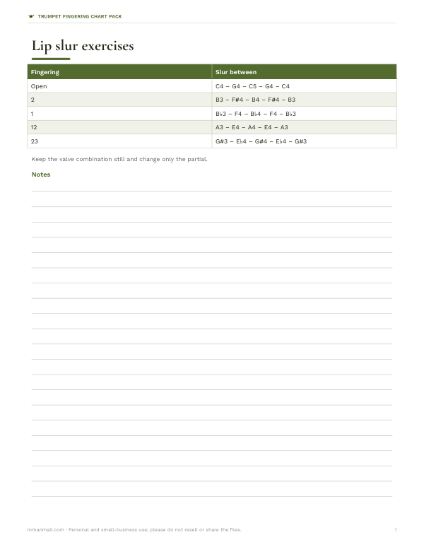 Preview of Printable Trumpet Lip Slur Exercises
